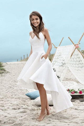 Weißes High Low Sweetheart Spaghettiträger Schlichtes Strand-Brautkleid, MW223 