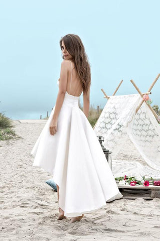 Weißes High Low Sweetheart Spaghettiträger Schlichtes Strand-Brautkleid, MW223 