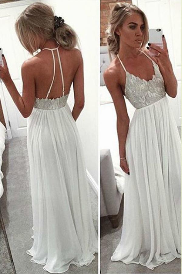 Weiße Neckholder Bodenlange Strand Brautkleider, Perlen Günstige Ballkleid, MP256 