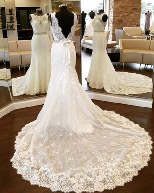 Weiße Spitze mit offenem Rücken, Meerjungfrau-Stil, Vintage-Stil, U-Ausschnitt, Brautkleider, MW200 