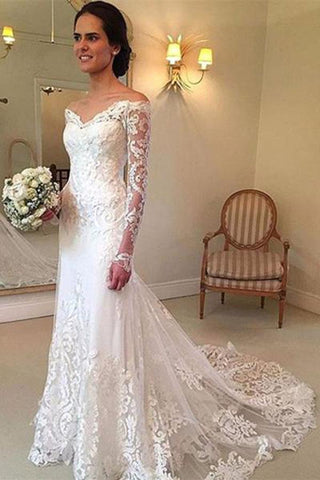 NumberSea Weißes Brautkleid mit langen Ärmeln, schulterfrei, Spitze und Schleppe, MW236 