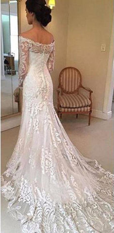 NumberSea Weißes Brautkleid mit langen Ärmeln, schulterfrei, Spitze und Schleppe, MW236 