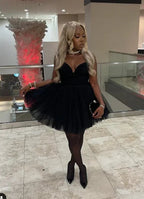 Vestido Corto de Fiesta para el Baile de Regreso a Casa en Línea A de Tul con Escote de Corazón Negro Y7923