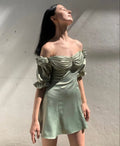 Vestido de Senhora de Verão com Mangas de Folho e Decote Ombros de Fora Y2505