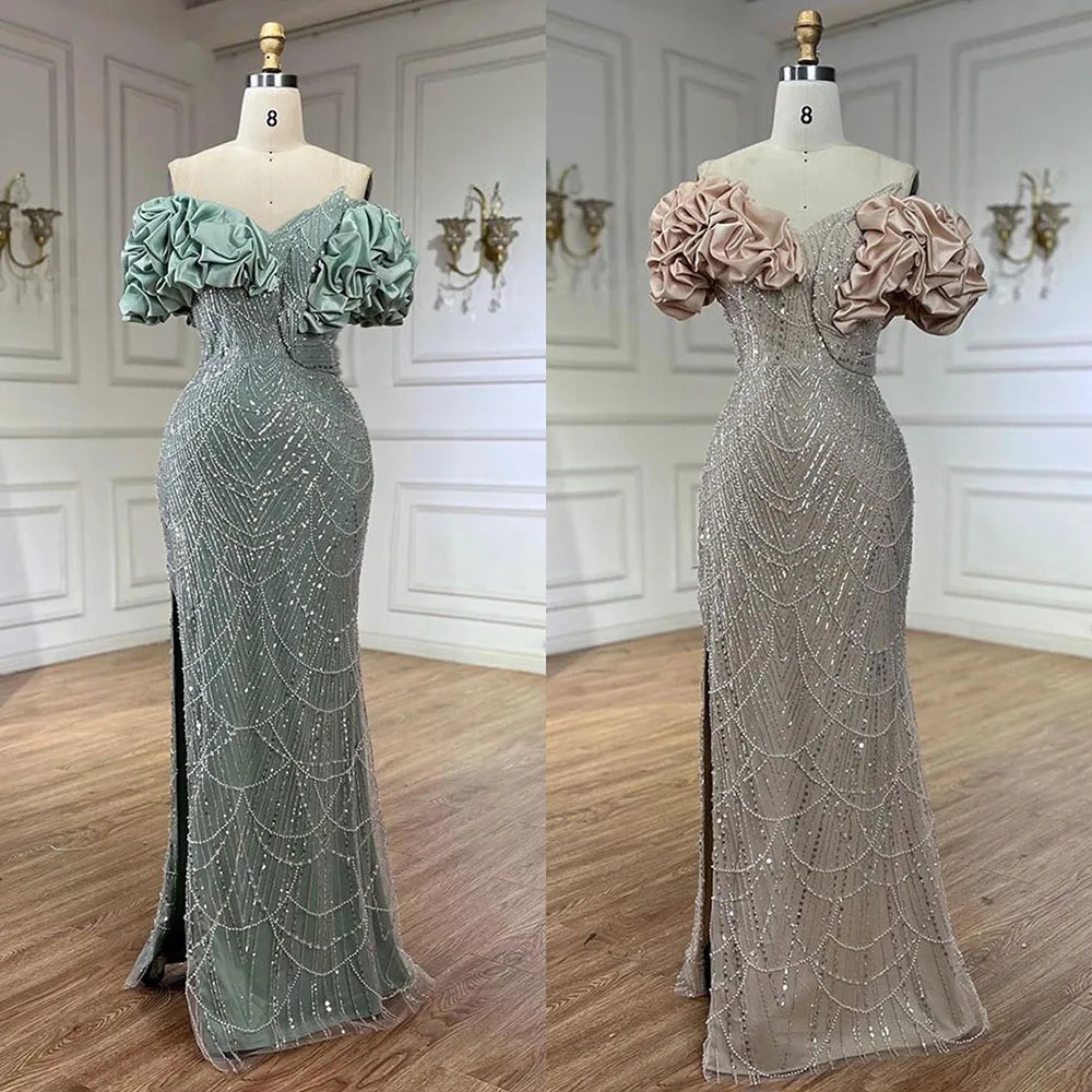 Serene Hill Customized Sage Green Off Shoulder Mermaid Evening Dresses 2024 Arabic Formal Gowns For Women Wedding Party DLA72281