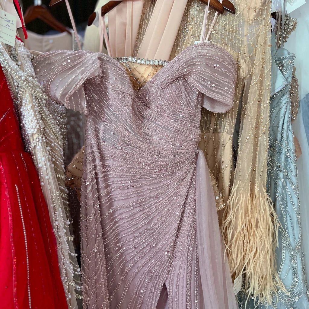 Serene Hill Elegant Off Shoulder Mermaid Beaded Party Dress Luxury Split Open Evening Gown with Side Train Customized DLA72400