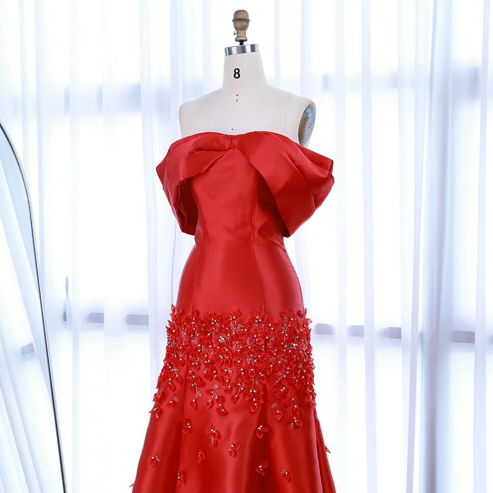 Serene Hill Customized Elegant Red Off-Shoulder Evening Gowns with Floral Satin Arabic Party Prom Dress for Women DLA72483