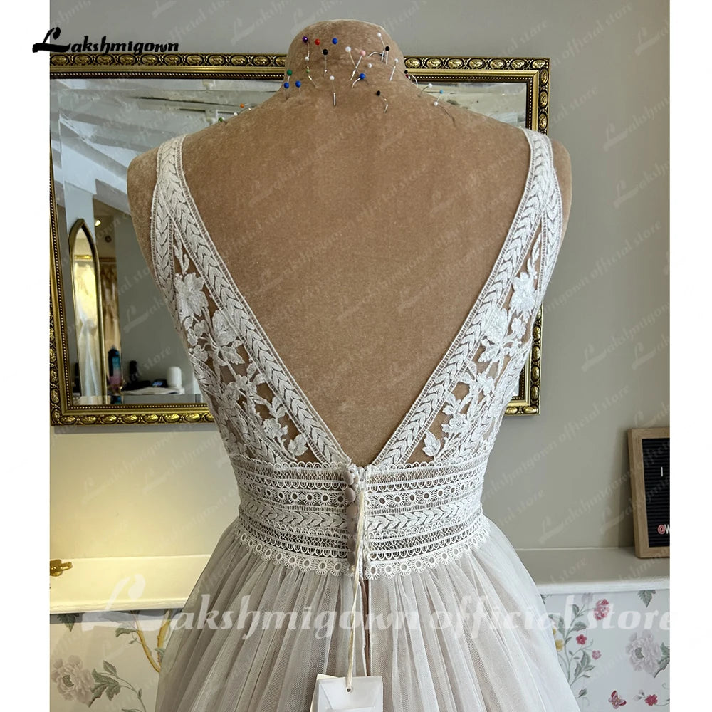 Lakshmigown V Neck Lace Appliques Boho Wedding Dress for Women Hochzeitskleid Robe Civil Boho Bridal Gown Vestido Novia