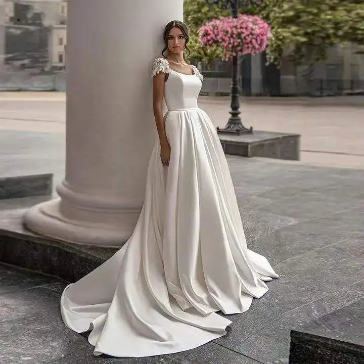 Lakshmigown Satin Wedding Dress Bridal Skirt Lady A-Line Trailing Applique Short Sleeves Vestidos Para Mujer Customized