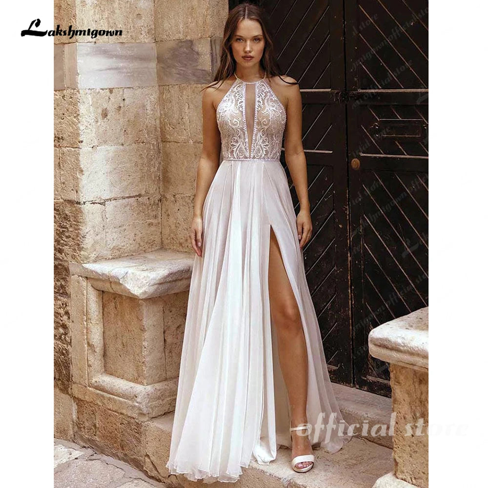 Lakshmigown Halter Neck Lace Chiffon Flowy Outdoor Boho Split Side Wedding Dress for Women 2026 Backless Bridal Gown Customized