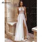 Lakshmigown Halter Neck Lace Chiffon Flowy Outdoor Boho Split Side Wedding Dress for Women 2026 Backless Bridal Gown Customized