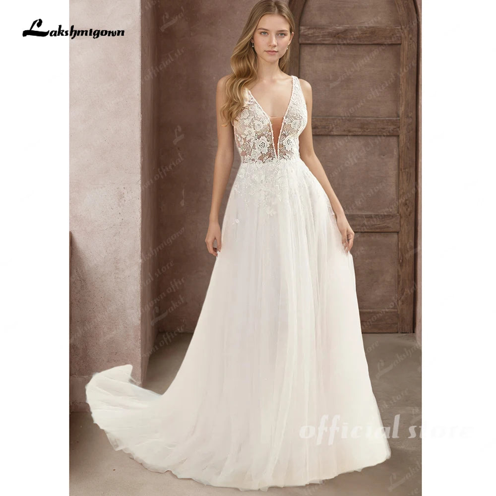 Lakshmigown Deep V-Neck Boho Wedding Dress Elegant Open Back A-line Sweep Train Brides Gown Vestidos De Novia Customized