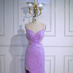Vestido de Gala Luxuoso Roxo com Lantejoulas, Fenda Lateral e Cintura Recortada LA73000
