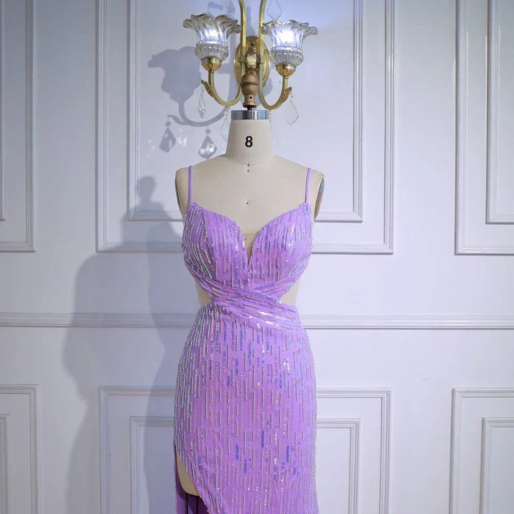 Vestido de Gala Luxuoso Roxo com Lantejoulas, Fenda Lateral e Cintura Recortada LA73000