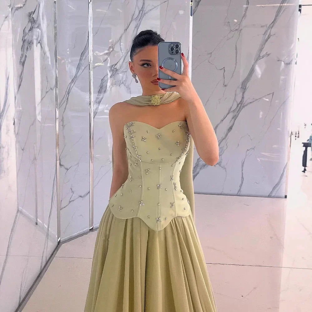 Elegante Verde Salvia   Abito da Sera a Linea A in Chiffon LA73073
