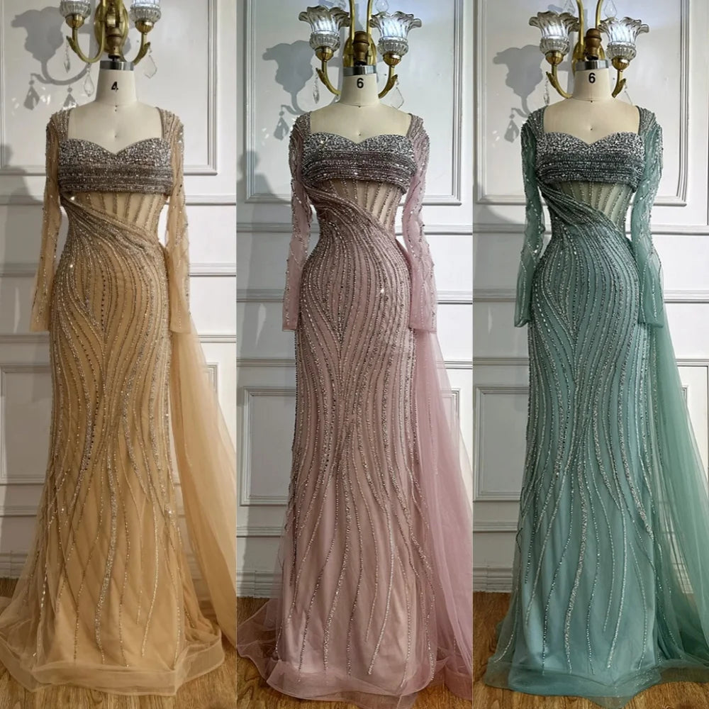 Serene Hill Nude Long Sleeves Beaded Evening Dresses with Skirt 2025 Party Gowns for Formal Occasion DLA72812 Customized