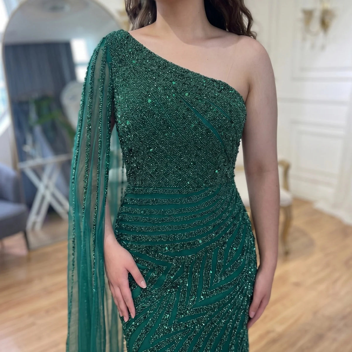 Serene Hill Customized Gold Mermaid Beaded One Shoulder Cape Sleeve Evening Dresses Split Elegant Party Gowns For Women DLA71493