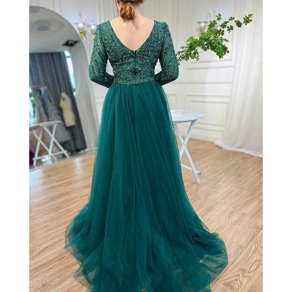 Serene Hill Customized Blue Grey V-Neck Mermaid Beaded Overskirt Evening Dresses Elegant Party Gowns For Women DLA71750
