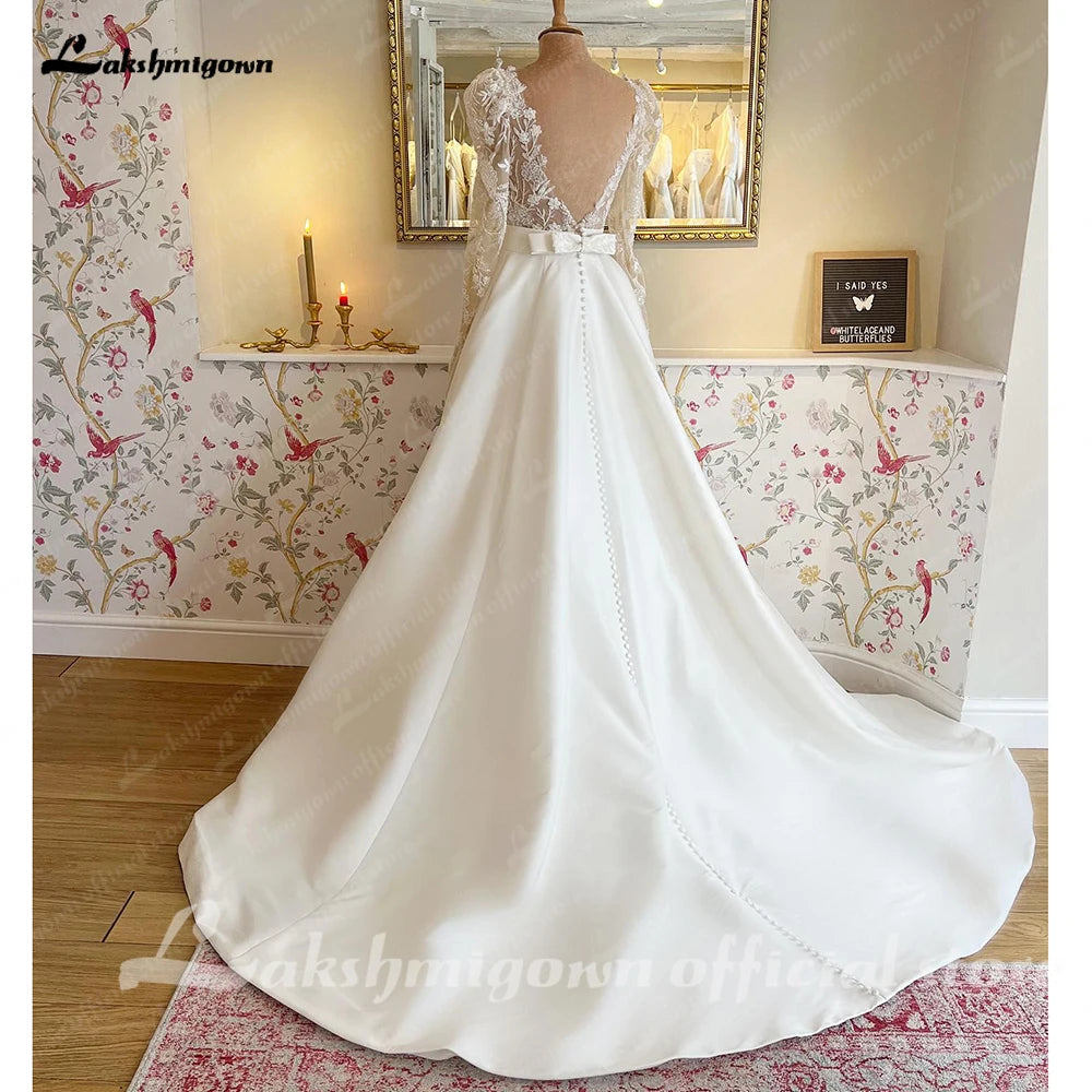 Lakshmigown Mikado A Line Satin Wedding Dress Customized Women Civil Beach Bridal Gowns Lace Beading Long Sleeves Robe de marie