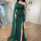 Serene Hill Customized Gold Mermaid Beaded One Shoulder Cape Sleeve Evening Dresses Split Elegant Party Gowns For Women DLA71493