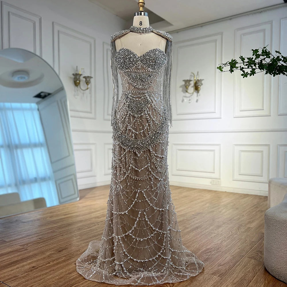 Serene Hill Nude Strapless Mermaid Pearls Beaded Evening Gowns Luxury Party Dress with Tassel DLA72876 Customized