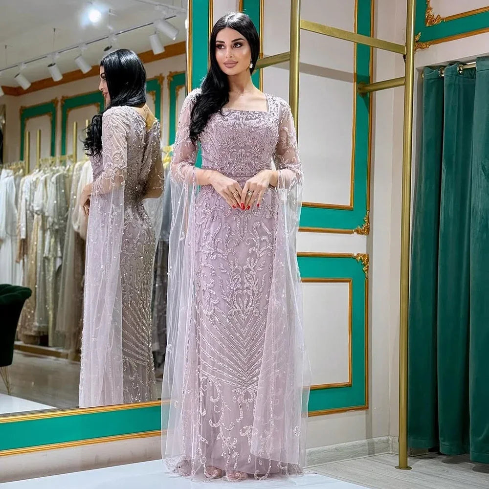 Serene Hill 2026 Dubai Pink Mermaid Long Evening Dress with Beaded Cape Gown for Wedding Occasion DLA72400A Customized