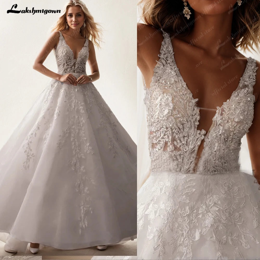 Lakshmigown V Neck Sleeveless Wedding Dresses For Women Beads A Line Ivory Lace Romantic Bride Boho Bridal Gown Customized