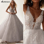 Lakshmigown V Neck Sleeveless Wedding Dresses For Women Beads A Line Ivory Lace Romantic Bride Boho Bridal Gown Customized