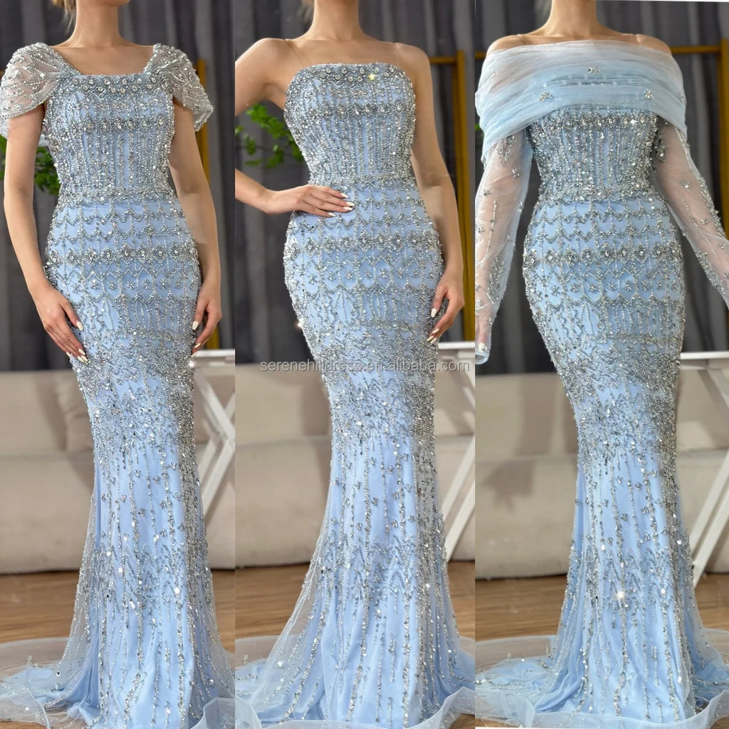 Serene Hill Blue Mermaid Beaded Evening Dresses with Detachable Sleeves Elegant Party Gowns for Women DLA72714 Customized