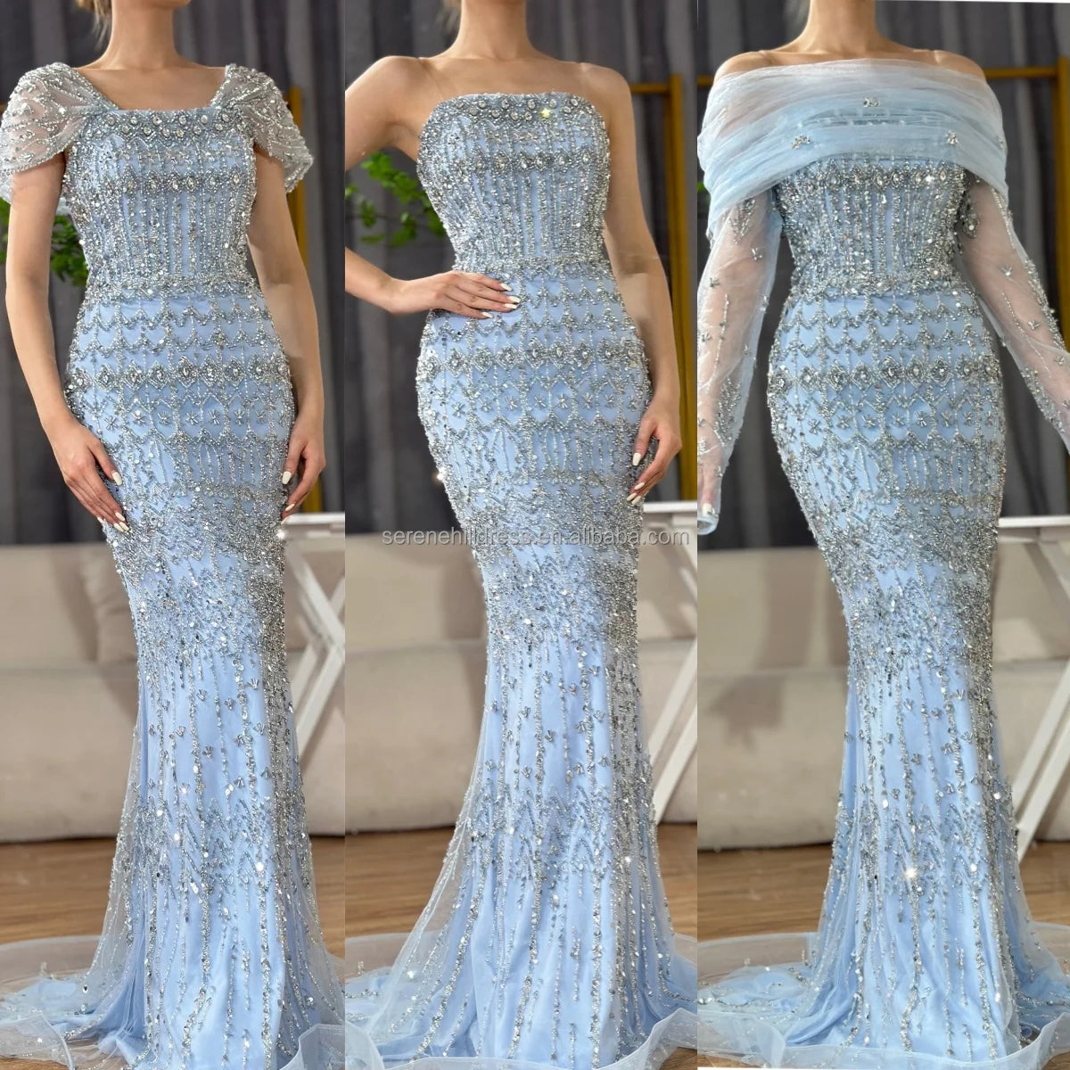 Serene Hill Blue Mermaid Beaded Evening Dresses with Detachable Sleeves Elegant Party Gowns for Women DLA72714 Customized