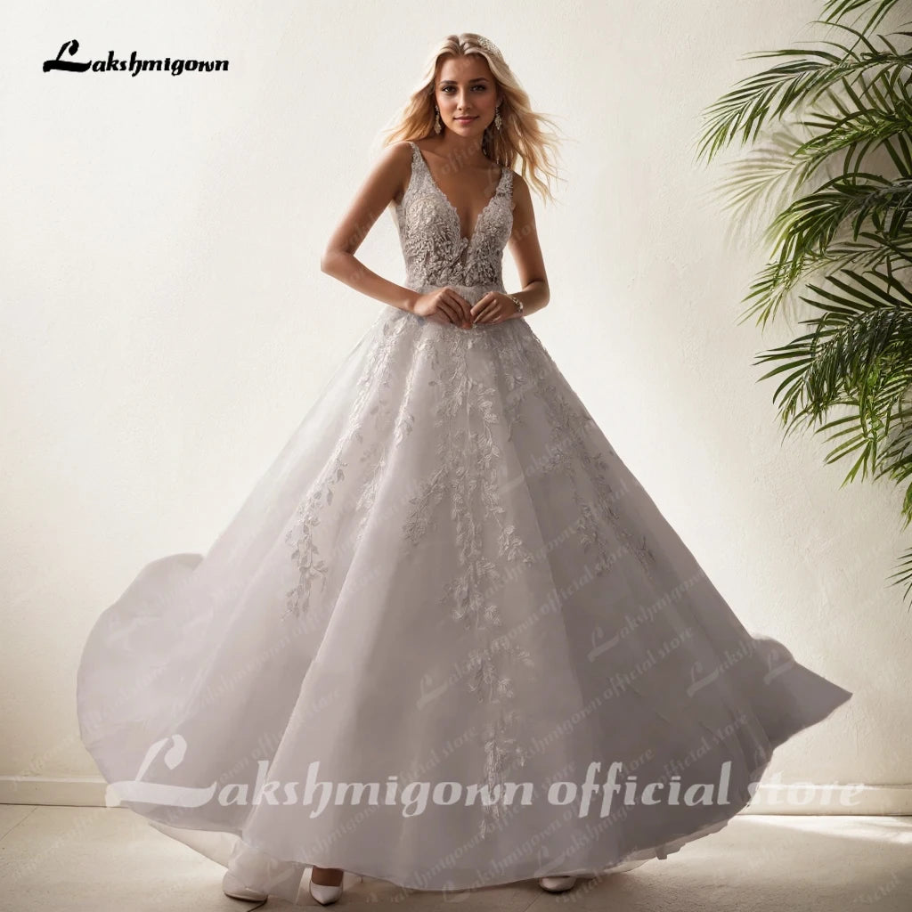 Lakshmigown V Neck Sleeveless Wedding Dresses For Women Beads A Line Ivory Lace Romantic Bride Boho Bridal Gown Customized
