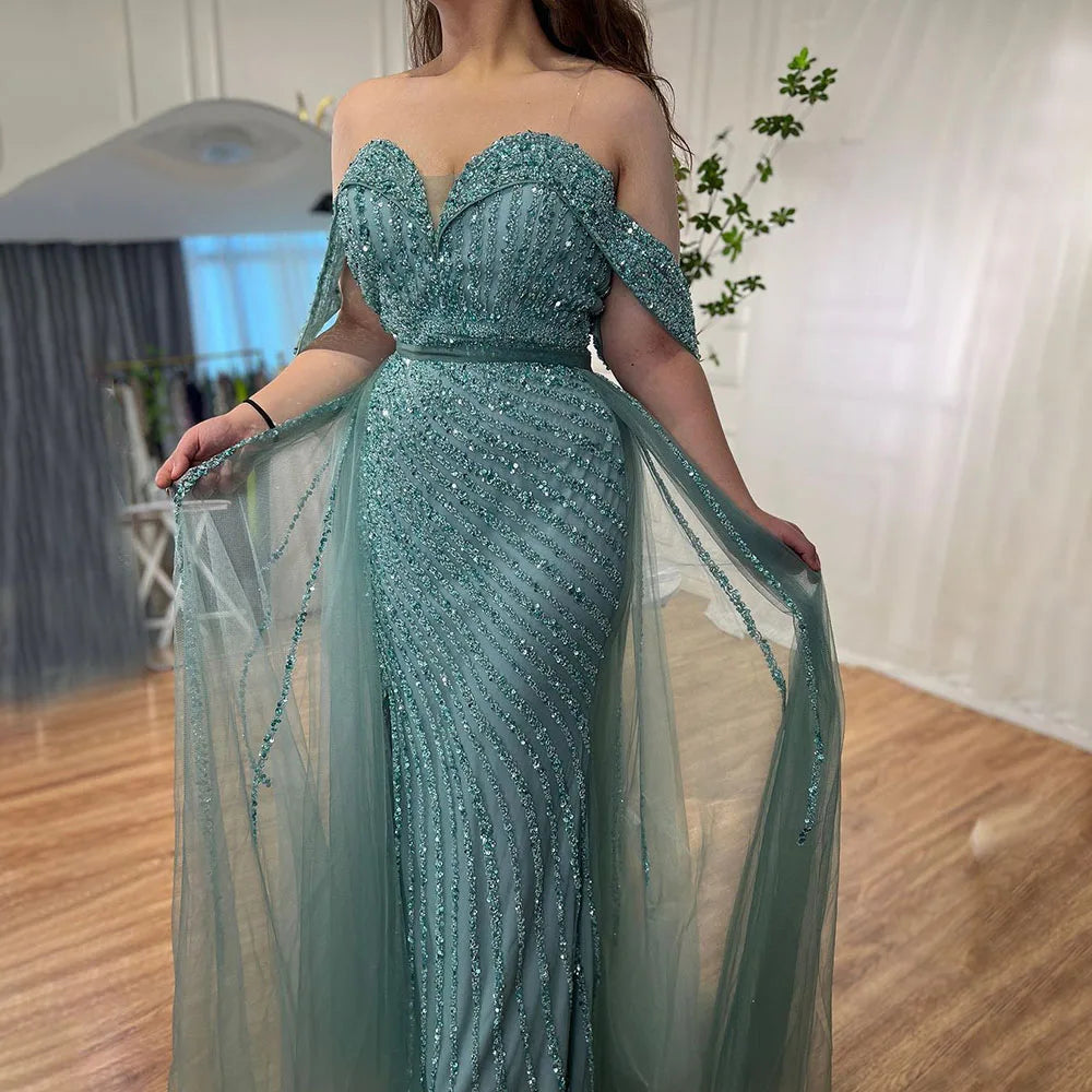 Serene Hill Customized Turquoise Off Shoulder Mermaid Beaded Evening Dresses Overskirt Split Party Gowns for Women rts DLA71728