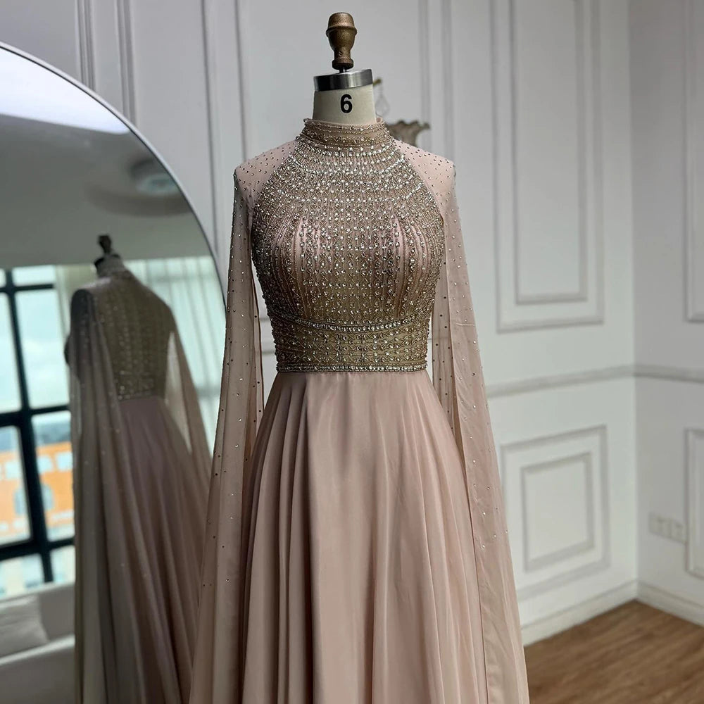Serene Hill White Chiffon A-line Evening Dress with Cape Sleeves Simple Wedding Party Gowns for Bridesmaid Customized DLA73144