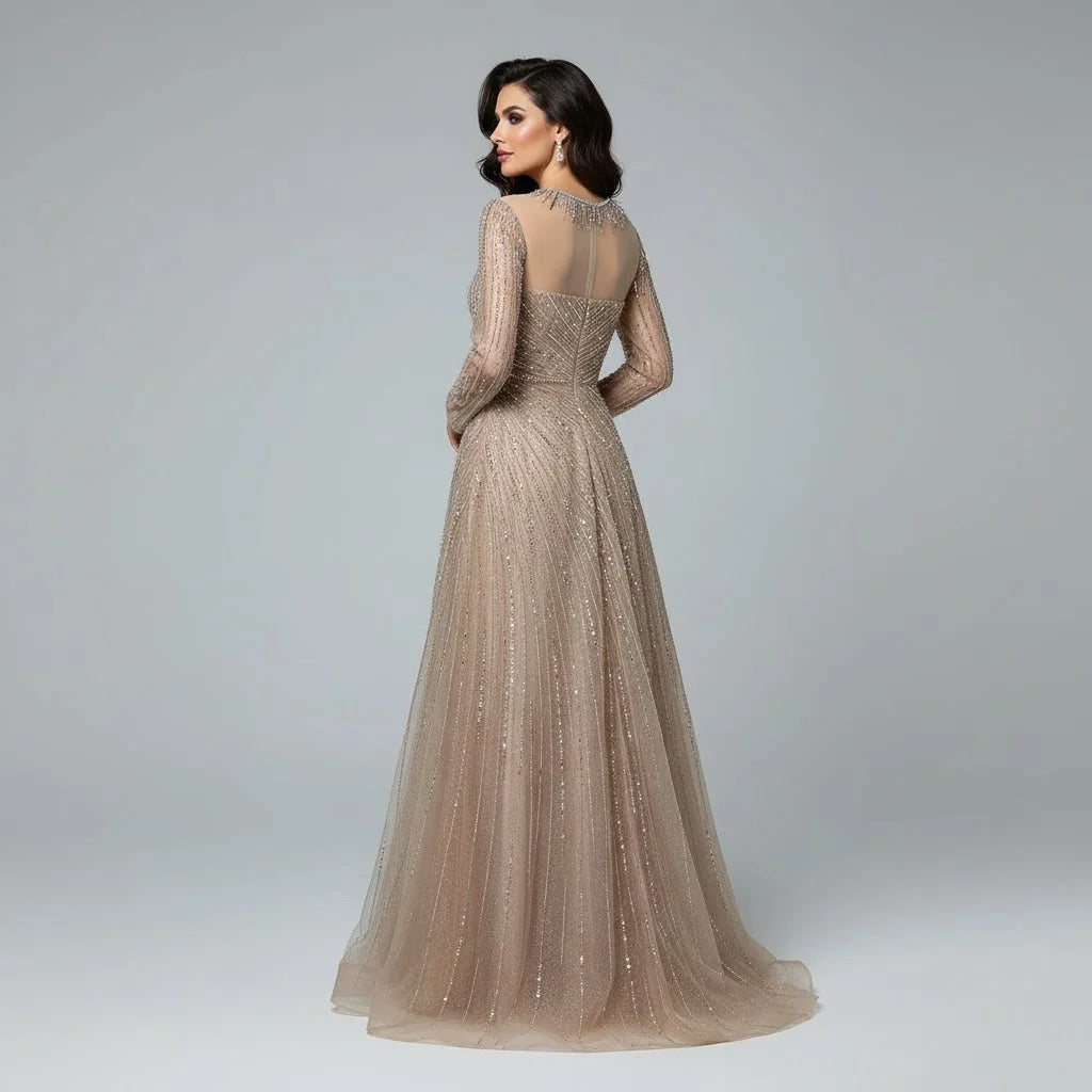 Serene Hill Custoomized Caramel Evening Prom Dress 2026 Elegant Long Sleeves A-Line Arabic Muslim Formal Party Gown DLA72563A