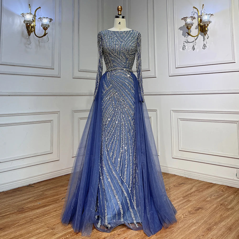 Nightbubo Customized Blue Grey V-Neck Mermaid Beaded Overskirt Evening Dresses Elegant Party Gowns For Women DLA71750