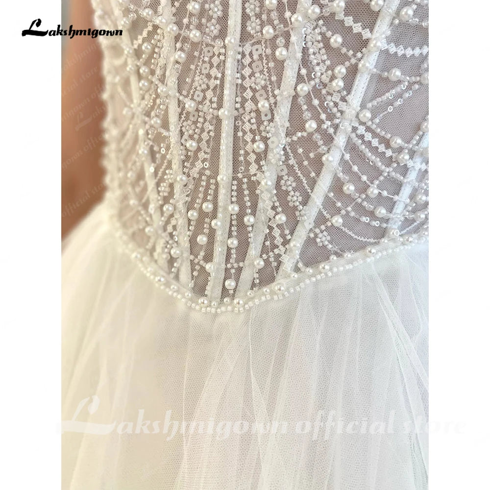 Lakshmigown Spaghetti Straps Wedding Dress for Women Pearls Beads Scoop Neck Tulle A-line Vestidos De Novia Customized