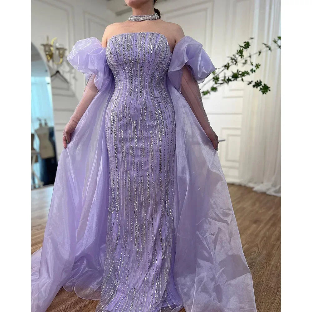 Serene Hill Customized Blue Mermaid Puff Sleeves Beaded Evening Dresses Dubai Elegant Party Gowns For Women 2024 DLA71823