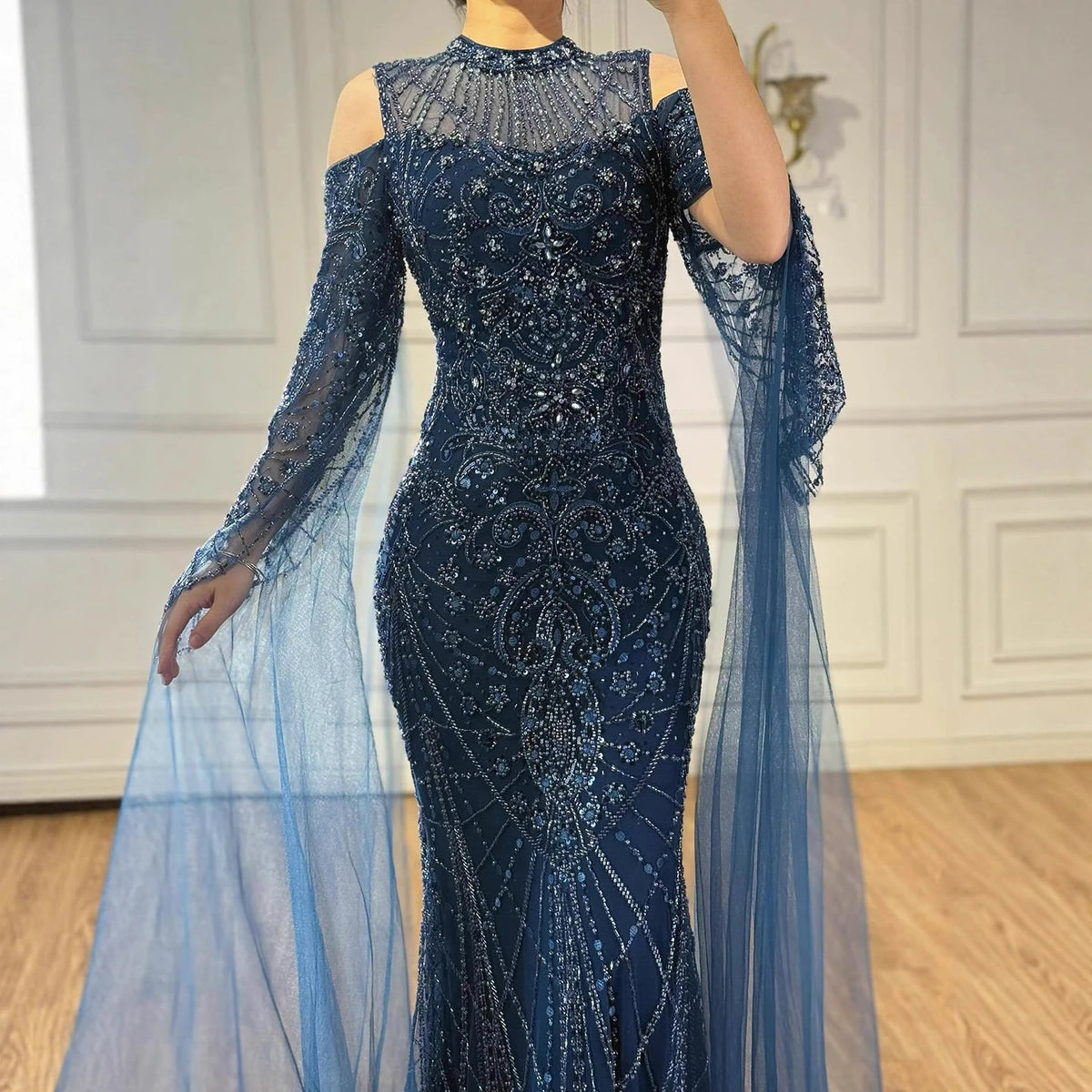 Serene Hill Navy Blue O-neck Cold Shoulder Mermaid Beaded Evening Dress Party Gowns with Cape Sleeves Customized DLA73323