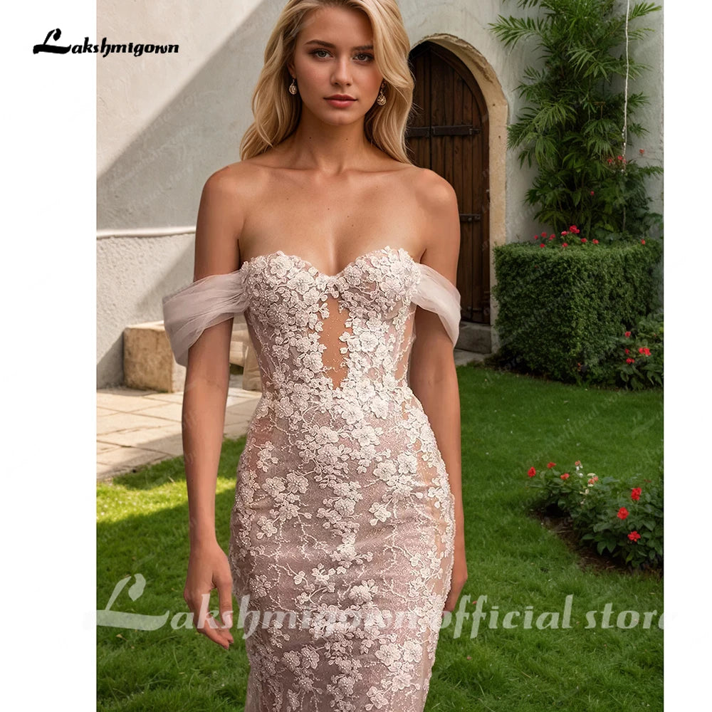 Lakshmigown Lantern Sleeves  Mermaid Wedding Dresses Beads Appliques Sweetheart Tulle Chapel Train Robe De Mariee Customized