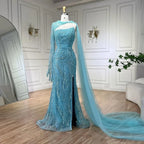 Serene Hill Customized Blue Mermaid High Split Pearls Beaded Evening Dress with Glove Formal Party Gowns For Women 2026 DLA72268