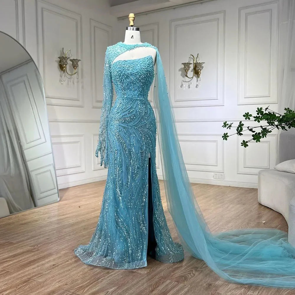 Serene Hill Customized Blue Mermaid High Split Pearls Beaded Evening Dress with Glove Formal Party Gowns For Women 2026 DLA72268