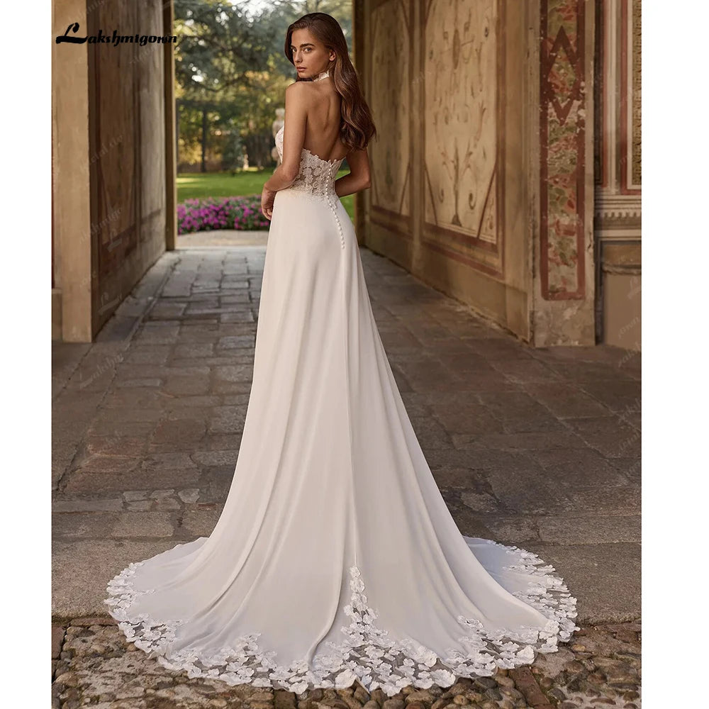 Lakshmigown Bohemian Halter Chiffon A-Line Wedding Dress with Appliques Sleeveless Lace Backless Bridal Gowns Customized