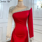 Serene Hill Customized White Satin Long Sleeve Mermaid Simple Beaded Evening Dress Party Gowns For Women Bridal Shower DLA71152