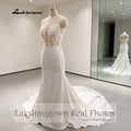 Lakshmigown Lace Appliques Beading Mermaid /Trumpet Wedding Dresses Chapel Train V-Neck Spaghetti Straps Bridal Gown Customized