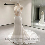 Lakshmigown Lace Appliques Beading Mermaid /Trumpet Wedding Dresses Chapel Train V-Neck Spaghetti Straps Bridal Gown Customized
