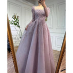 Serene Hill Customized Pink Long Sleeves A Line Beaded Dubai Evening Dresses Party Gowns 2025 For Women Wedding DLA71915