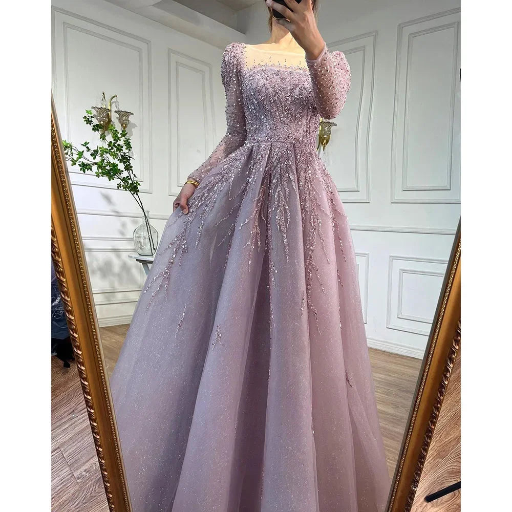 Serene Hill Customized Pink Long Sleeves A Line Beaded Dubai Evening Dresses Party Gowns 2025 For Women Wedding DLA71915
