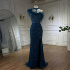 Serene Hill Customized 2025 Gray Halter Feathers Beaded Mermaid High Split Evening Dresses Formal Party Gowns for Women DLA72452