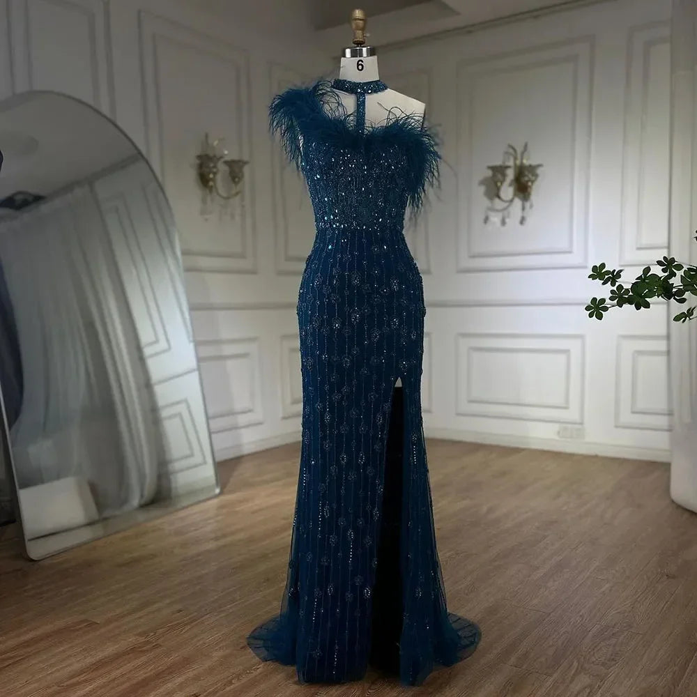 Serene Hill Customized 2025 Gray Halter Feathers Beaded Mermaid High Split Evening Dresses Formal Party Gowns for Women DLA72452