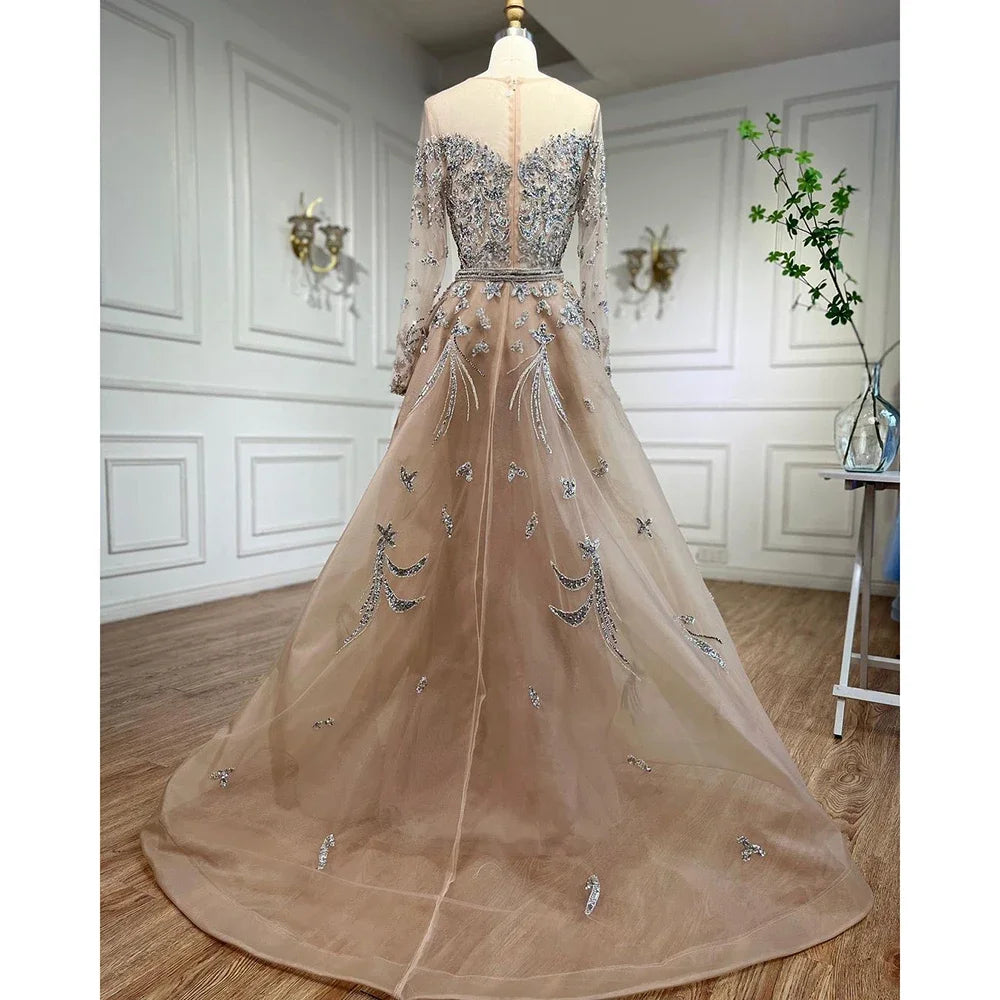 Serene Hill Customized Nude Long Sleeves Mermaid Beaded Muslim Evening Dresses Overskirt Dubai Party Gowns For Women DLA71943